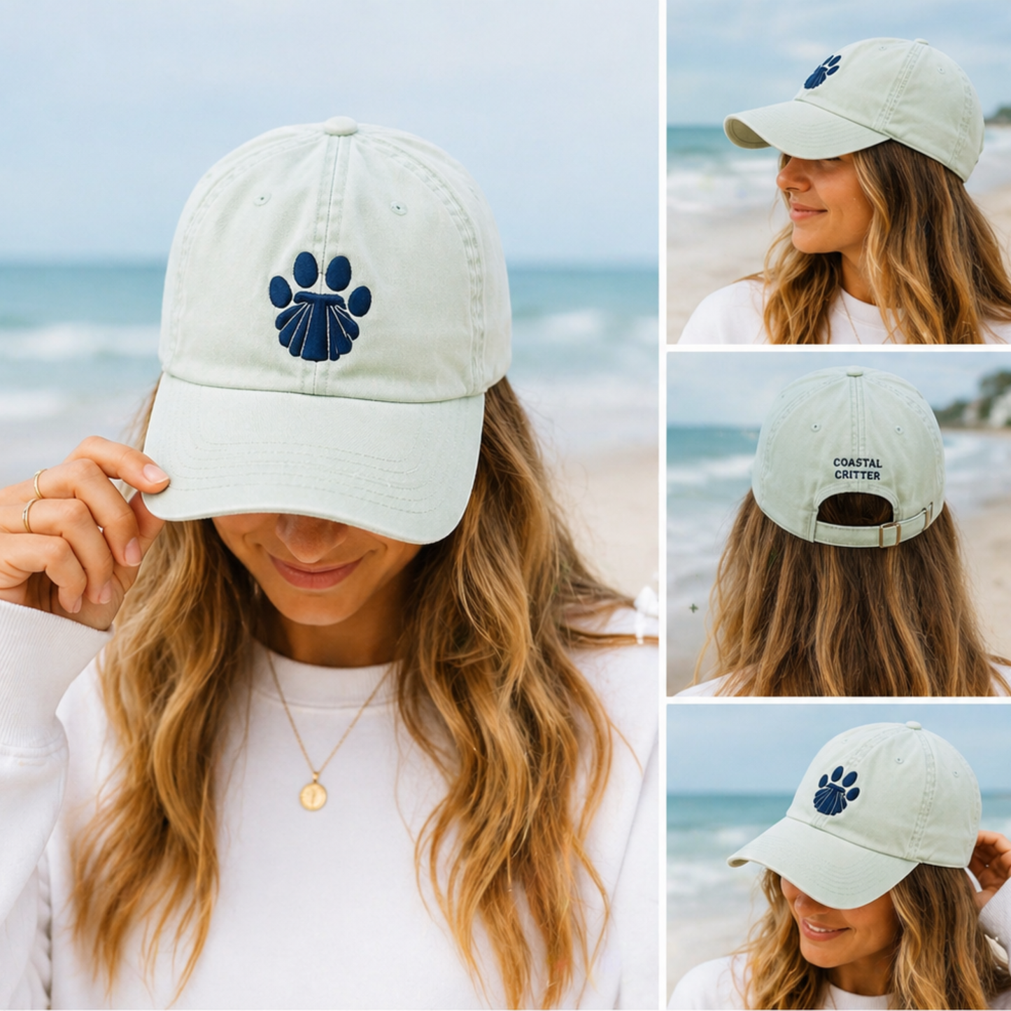 Coastal Critter Mint Baseball Hat | Embroidered Shell Paw Cap