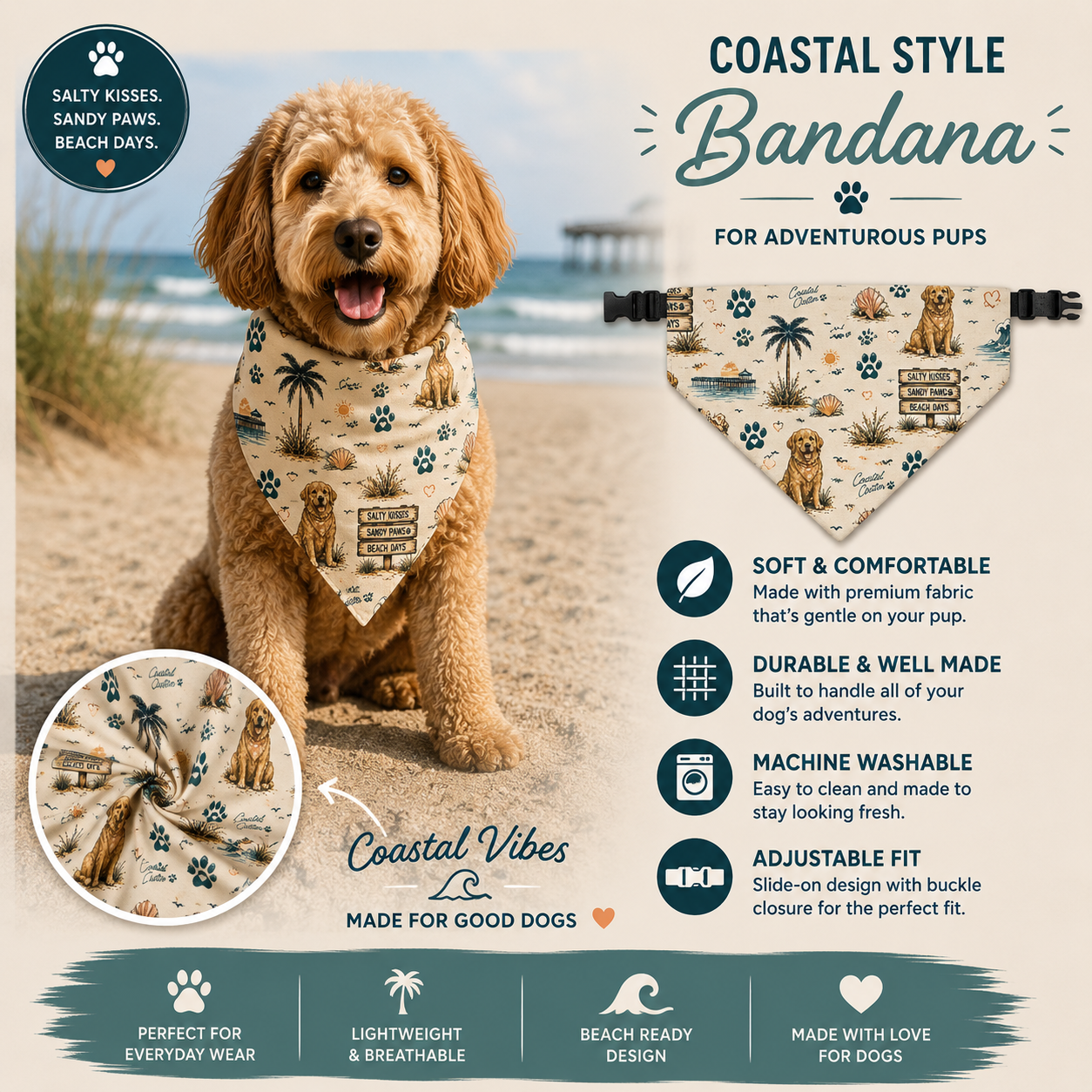 Sandy Paws & Salty Kisses | Coastal Dog Bandana