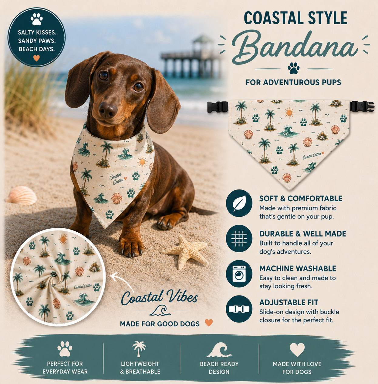 My Therapist Has Sandy Paws | Coastal Dog Bandana